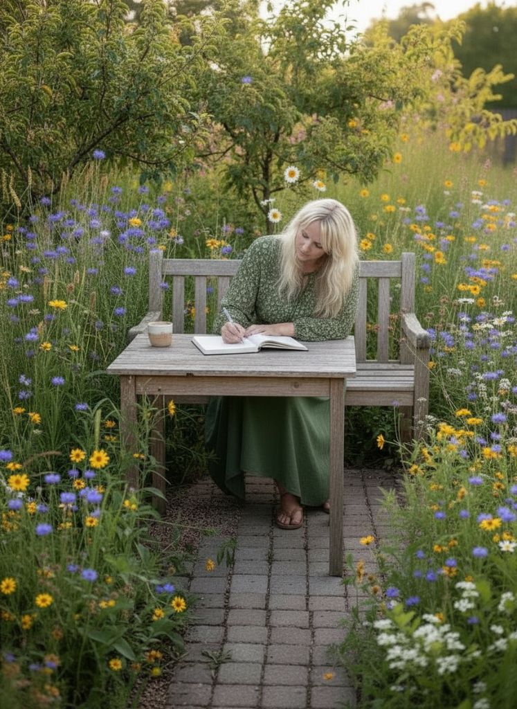 Lore Ley in ihrem Garten beim Schreiben