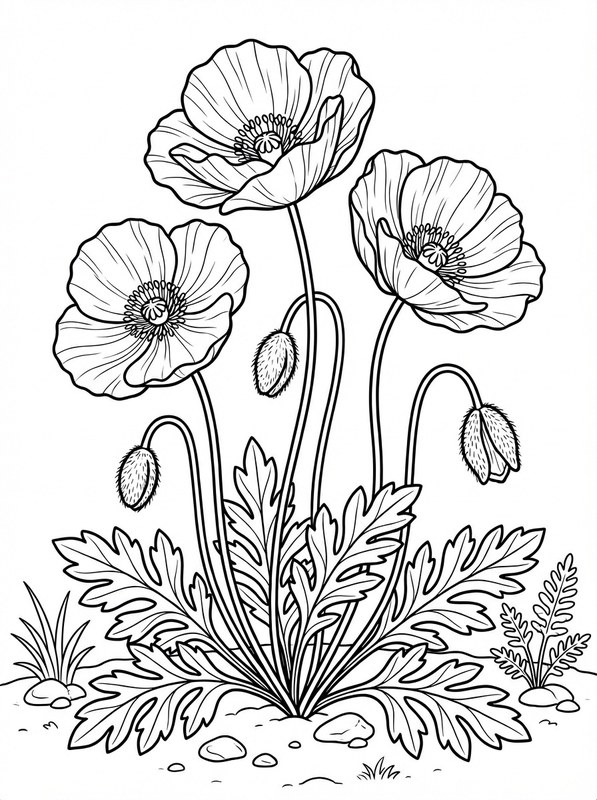 Ausmalvorlage Mohnblumen im Naturgarten