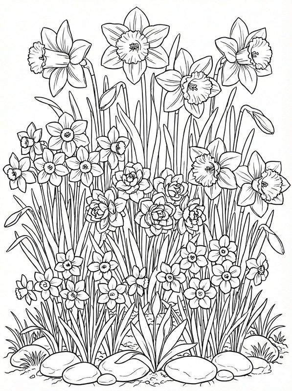 Ausmalvorlage Narzissen und Frühlingsblumen