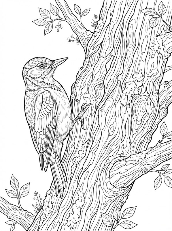 Ausmalvorlage Specht am alten Baum